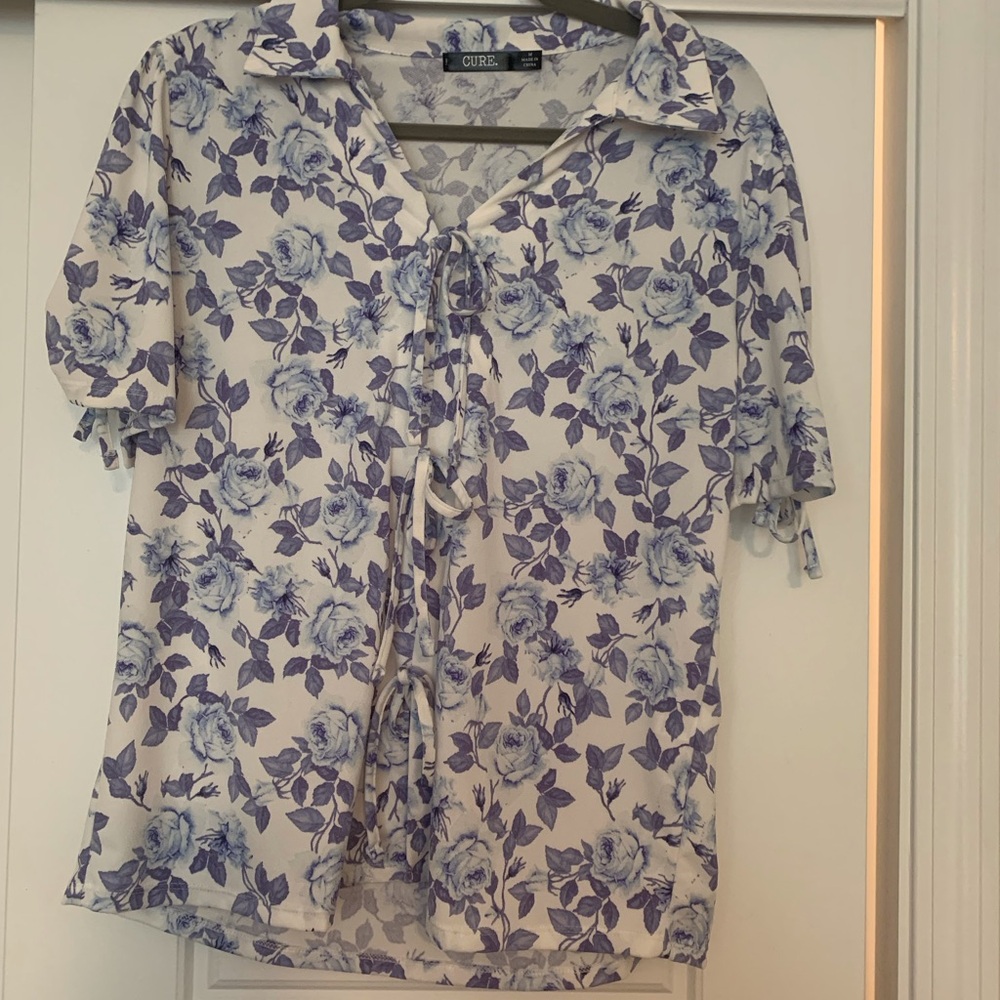 Blue and Light Blue Ruffled Tie Front Blouse with Notched. New without tags.